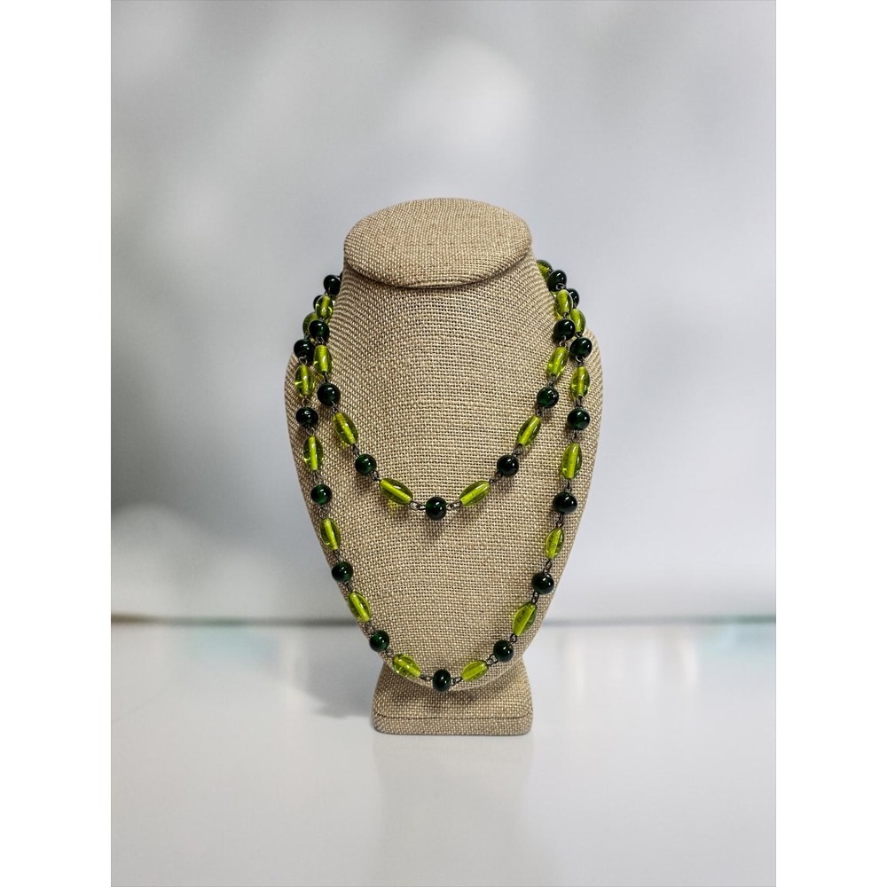 Vintage Beaded Necklace 40in Two Tone Green Art Glass Linked Long Strand